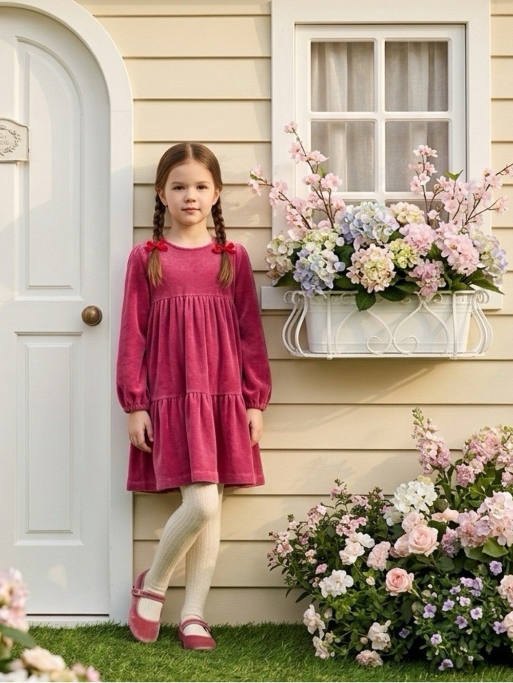 Mini Boden Teacup Pink Velvet Tiered Long-Sleeve Dress Girls Size 3-4 Years